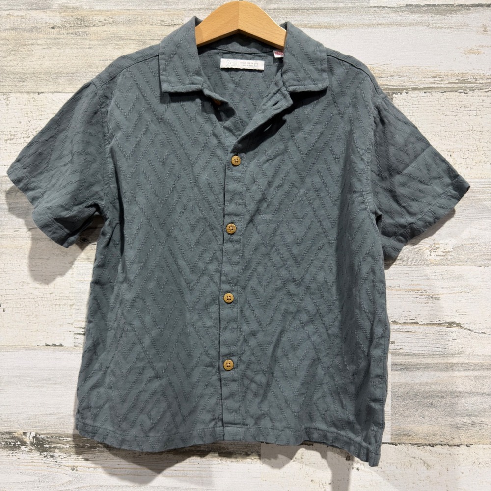 Zara Button Down Kids 6 Slate Blue Chevron Textured Coastal EUC